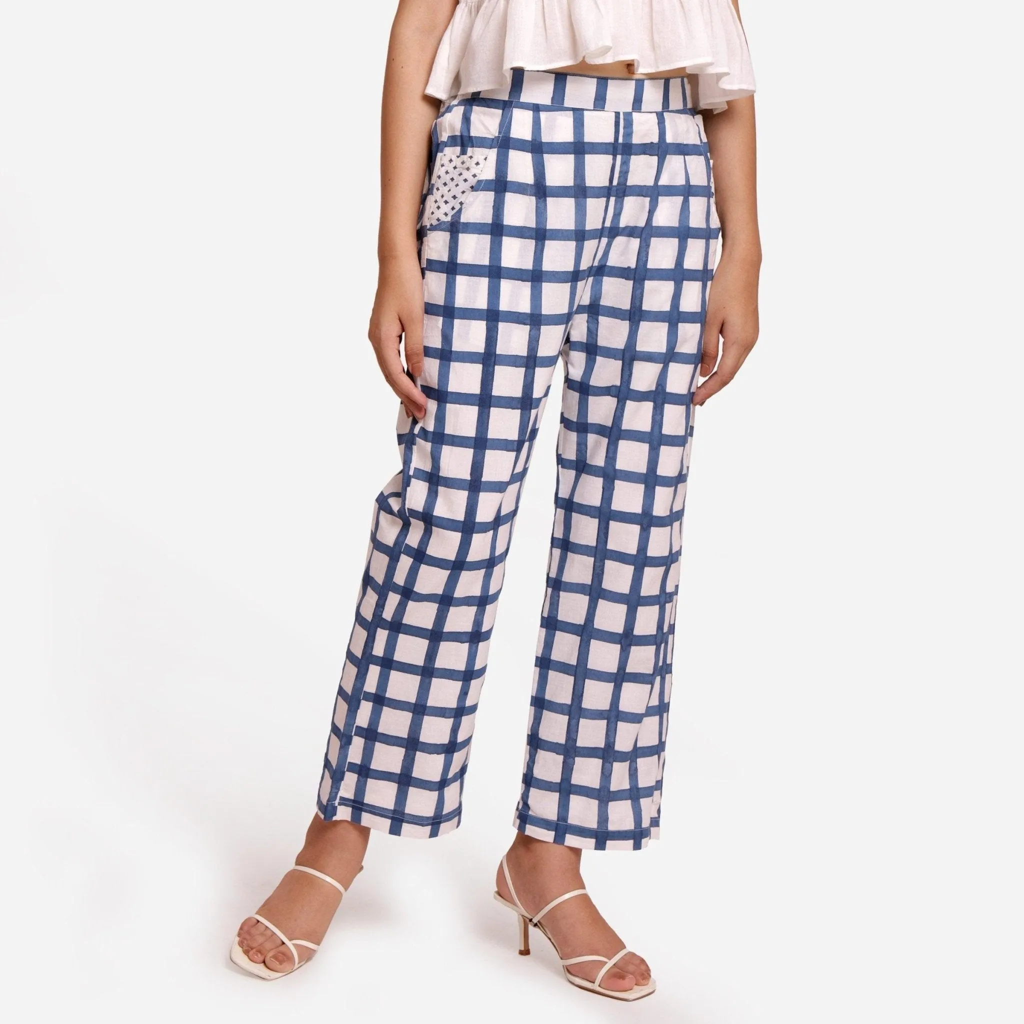 White and Blue Checks Block Print Ankle Length Cotton Pant