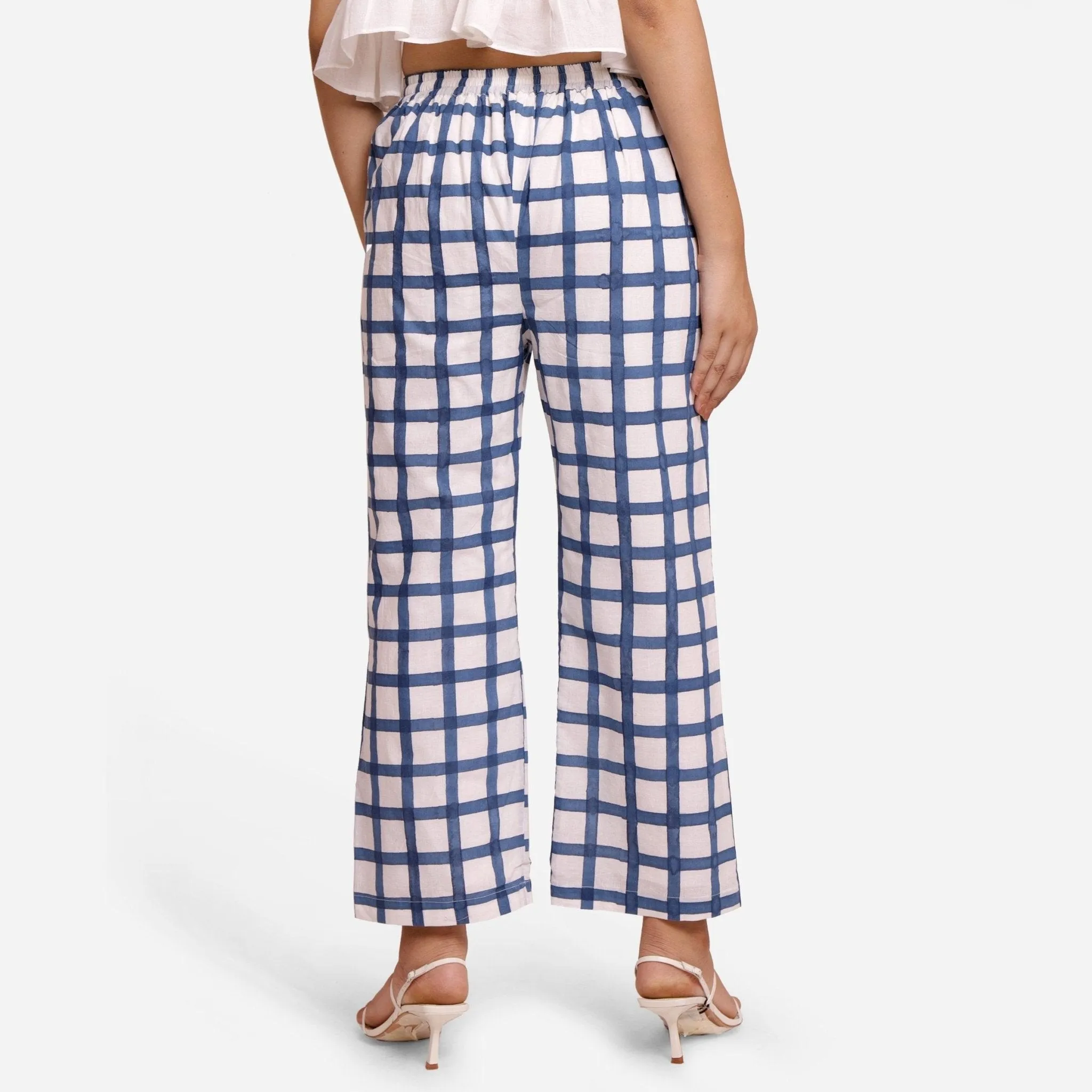 White and Blue Checks Block Print Ankle Length Cotton Pant