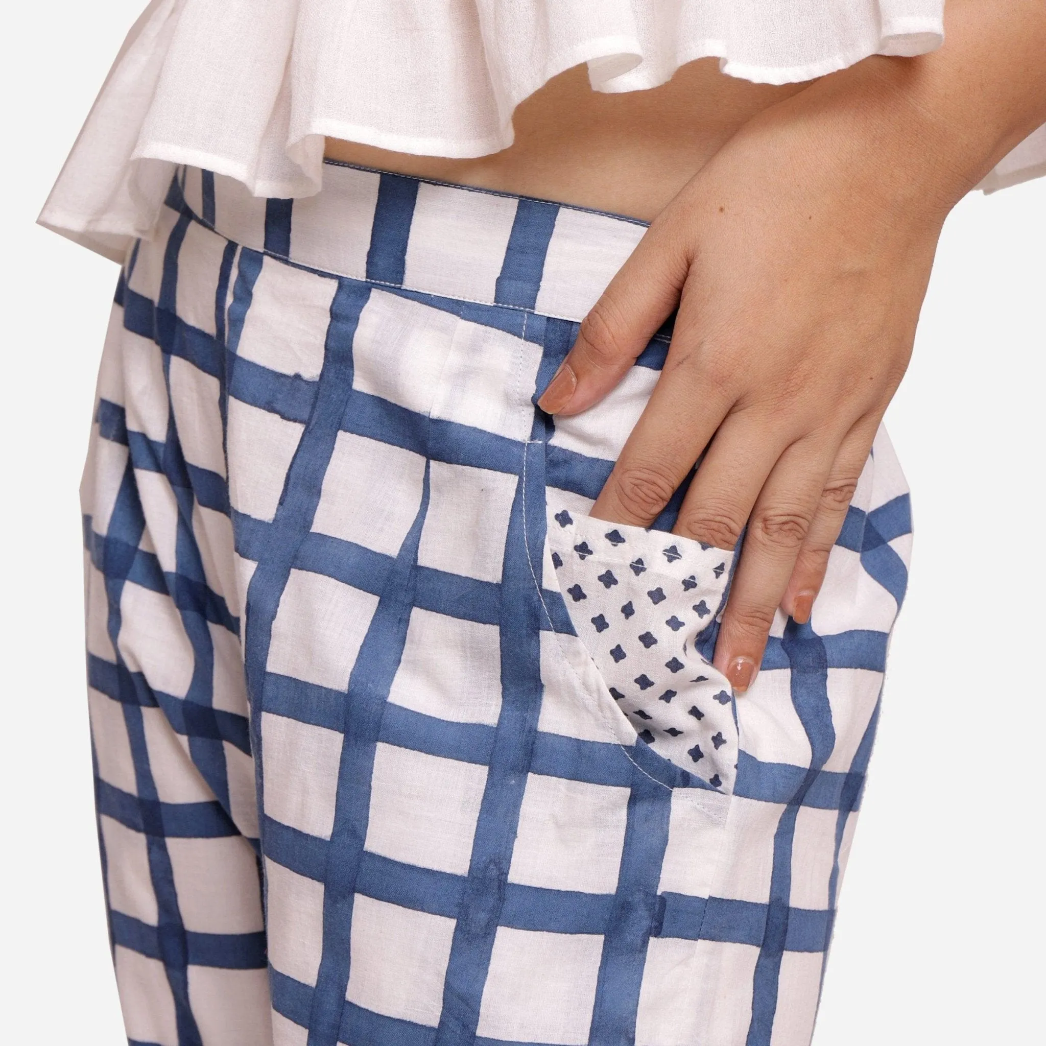 White and Blue Checks Block Print Ankle Length Cotton Pant