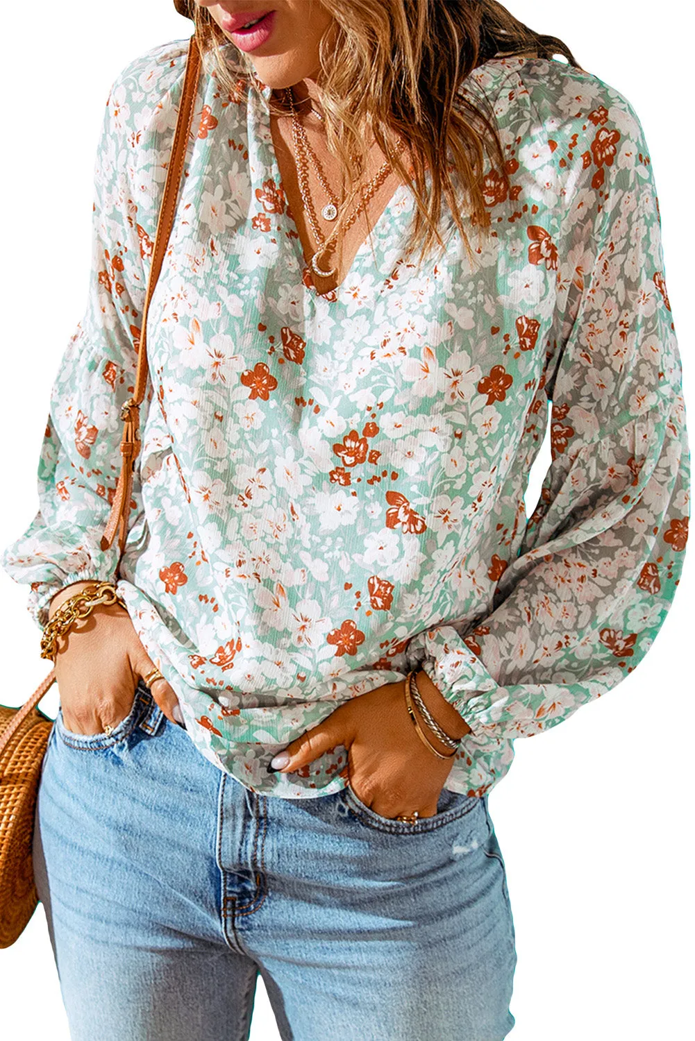 White Floral Print V Neck Long Puff Sleeve Top