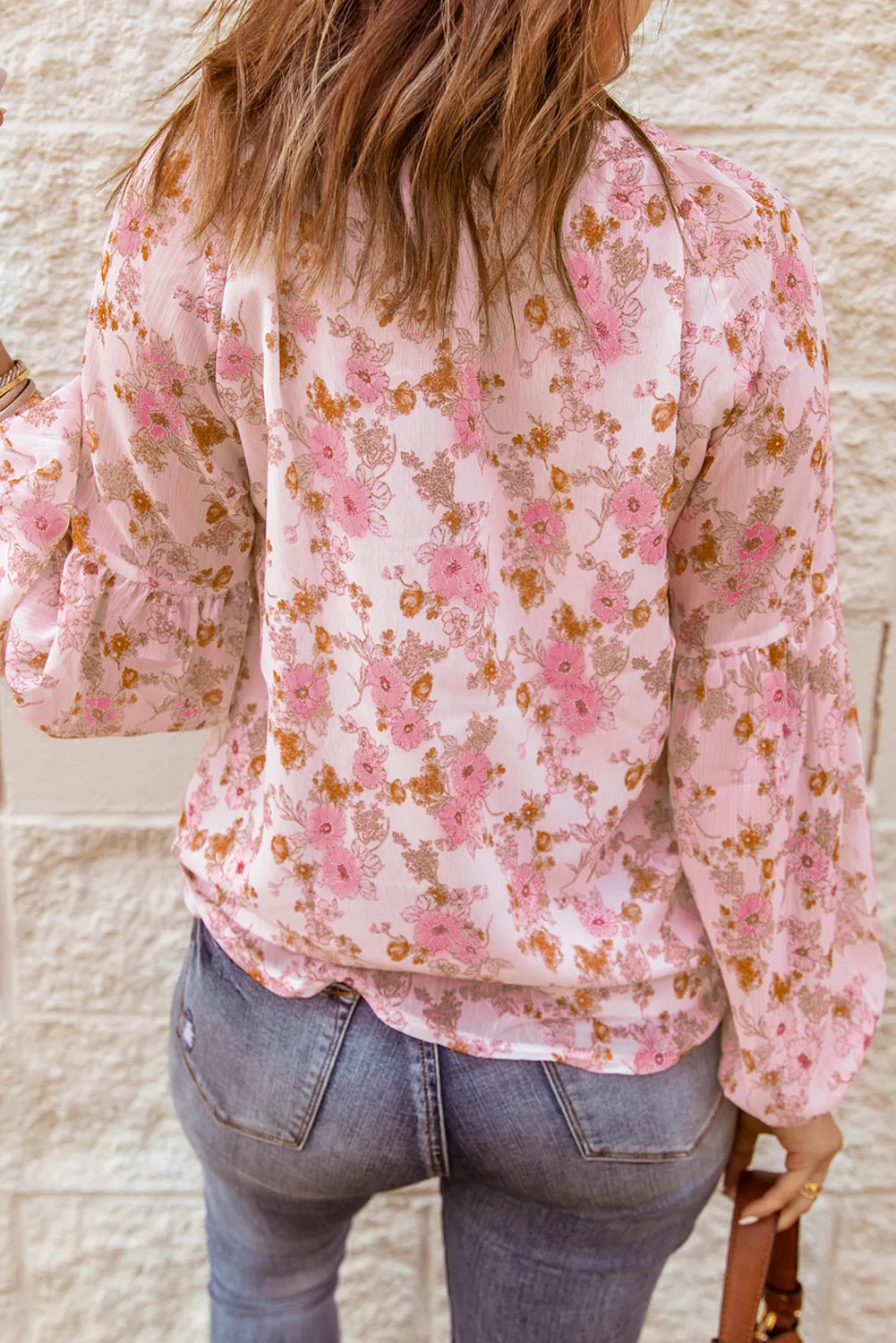 White Floral Print V Neck Long Puff Sleeve Top