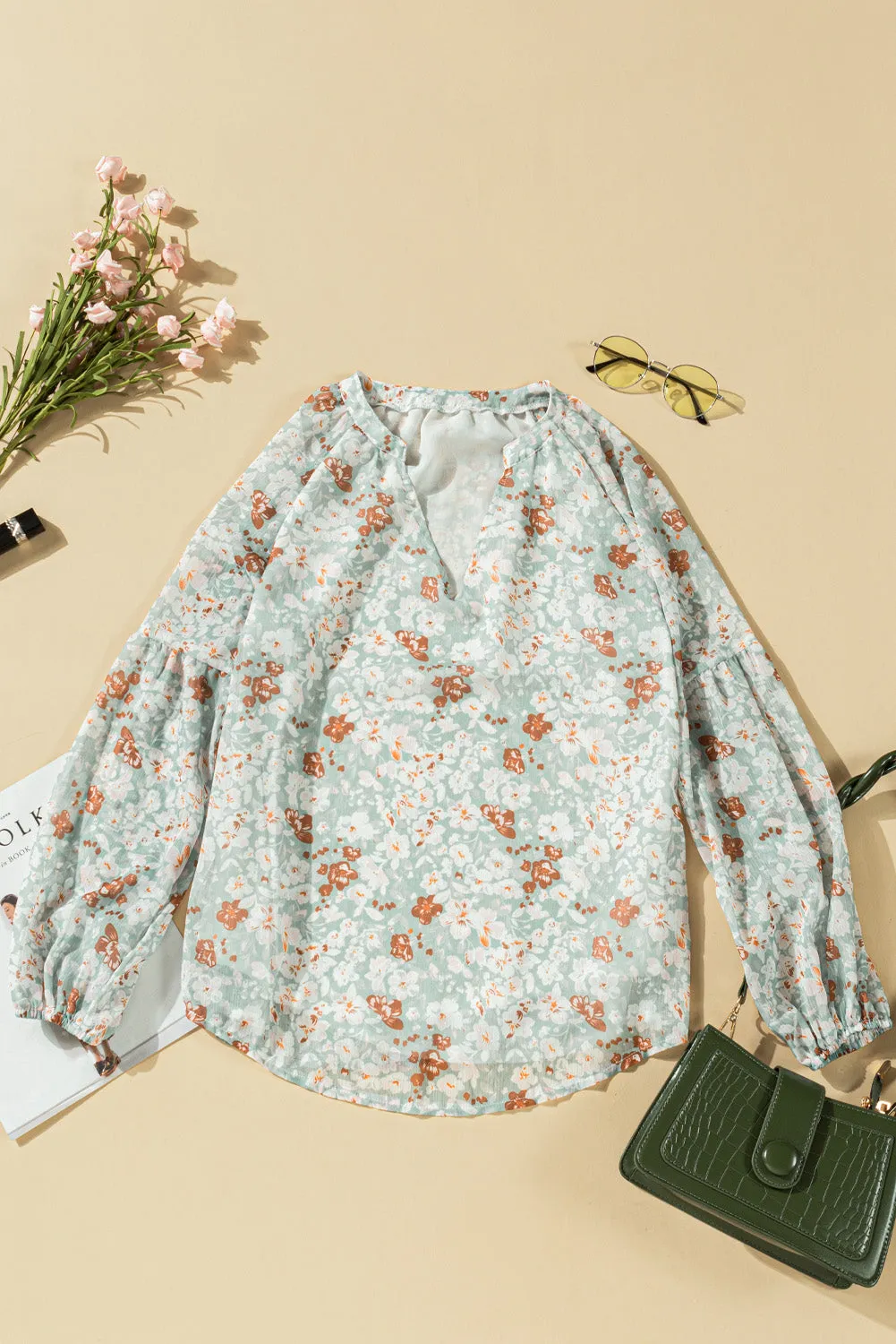 White Floral Print V Neck Long Puff Sleeve Top