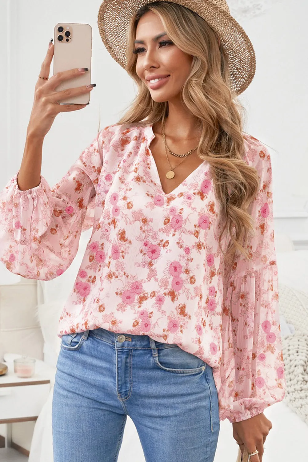 White Floral Print V Neck Long Puff Sleeve Top