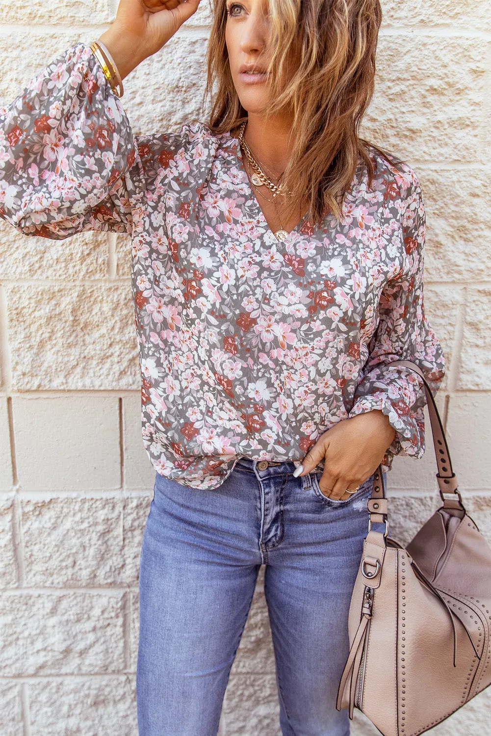 White Floral Print V Neck Long Puff Sleeve Top