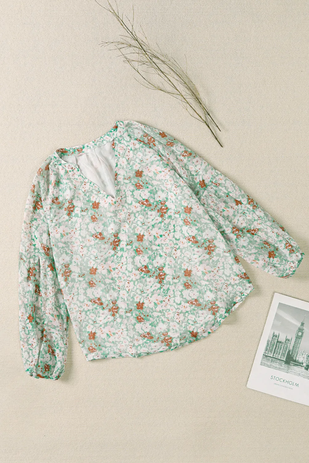 White Floral Print V Neck Long Puff Sleeve Top