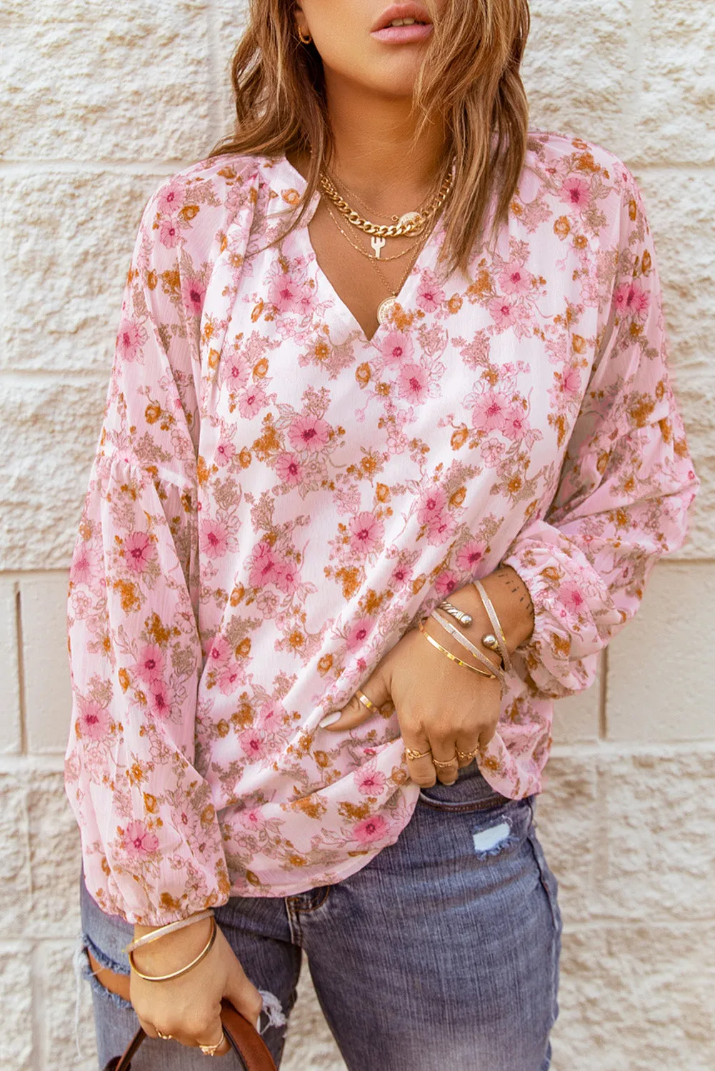 White Floral Print V Neck Long Puff Sleeve Top