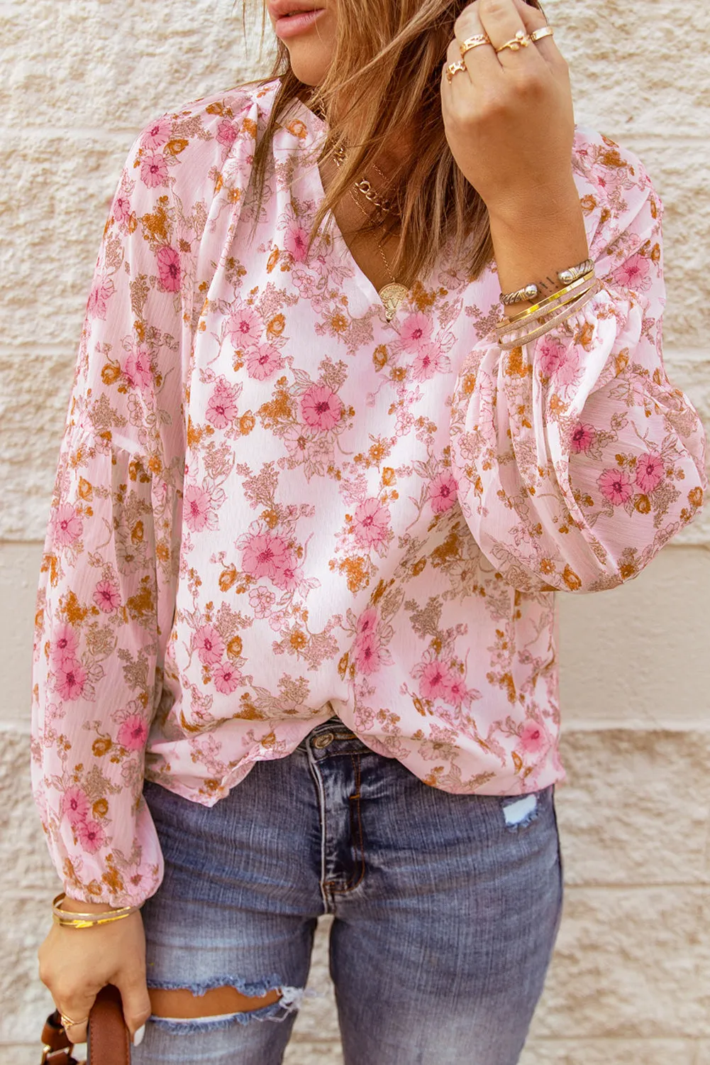 White Floral Print V Neck Long Puff Sleeve Top