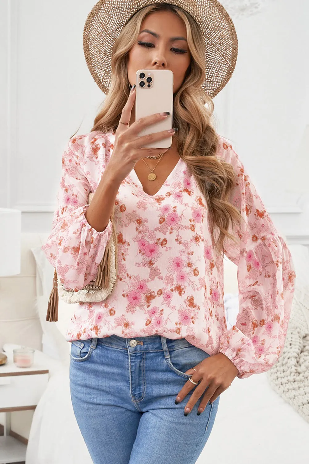 White Floral Print V Neck Long Puff Sleeve Top