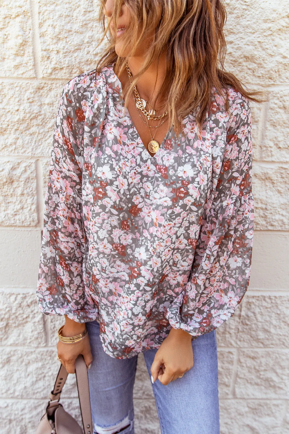 White Floral Print V Neck Long Puff Sleeve Top