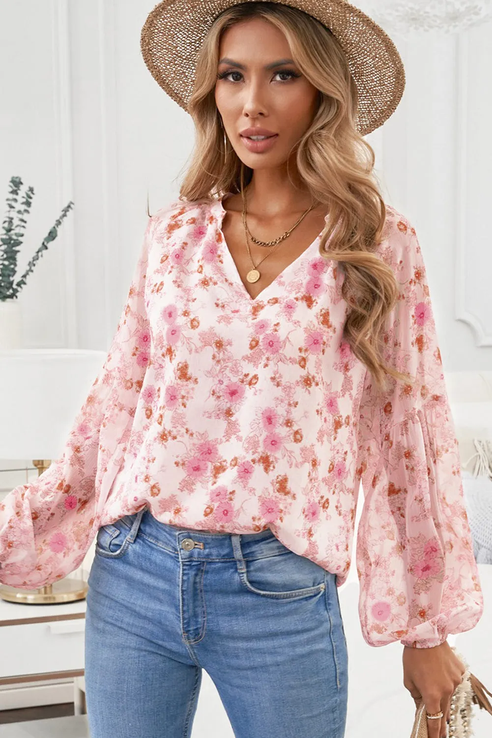 White Floral Print V Neck Long Puff Sleeve Top