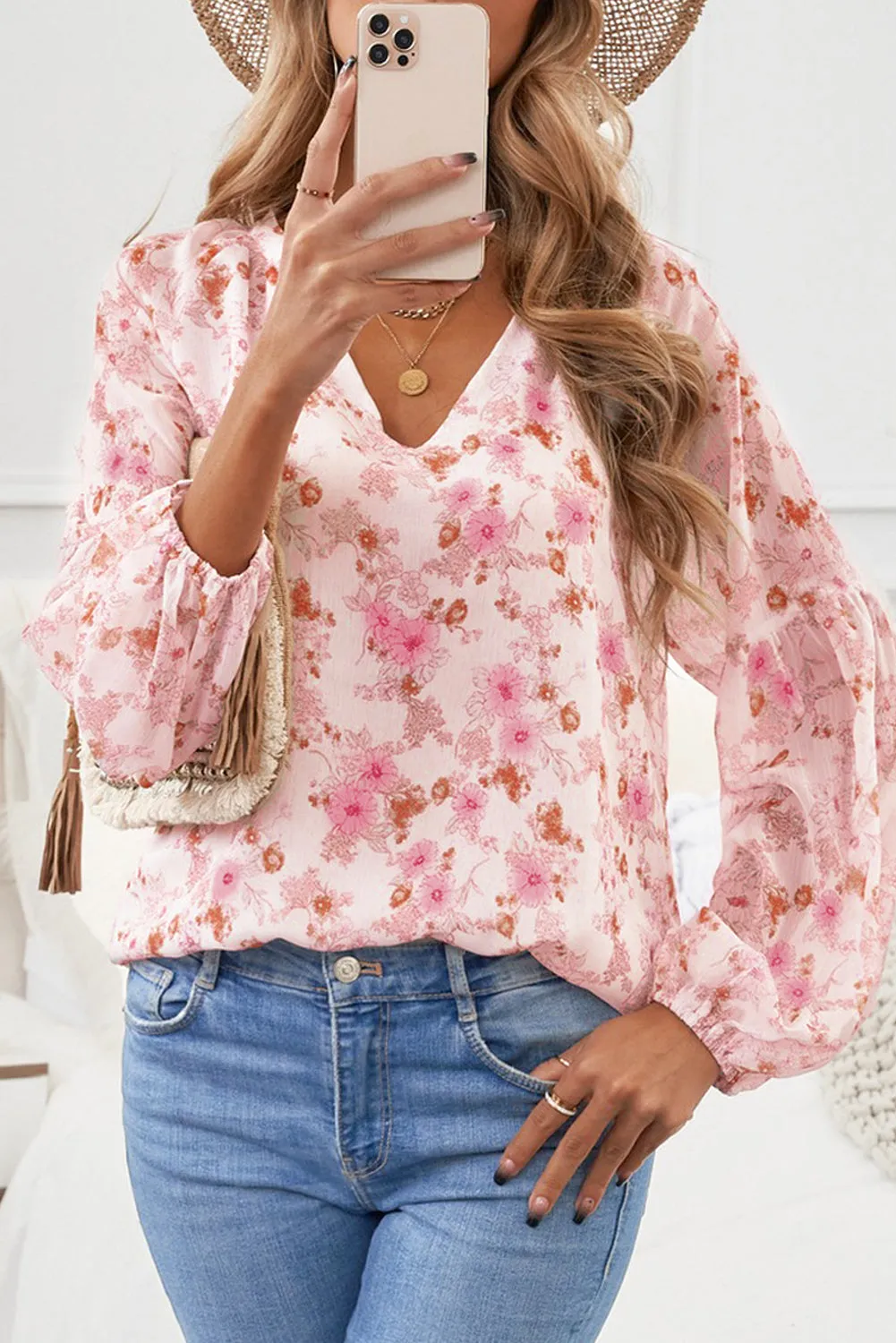 White Floral Print V Neck Long Puff Sleeve Top