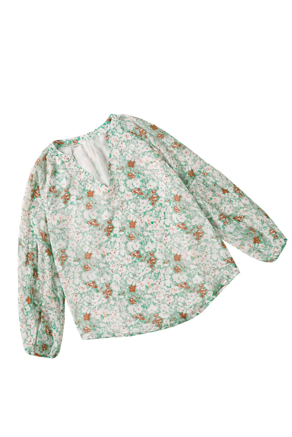 White Floral Print V Neck Long Puff Sleeve Top