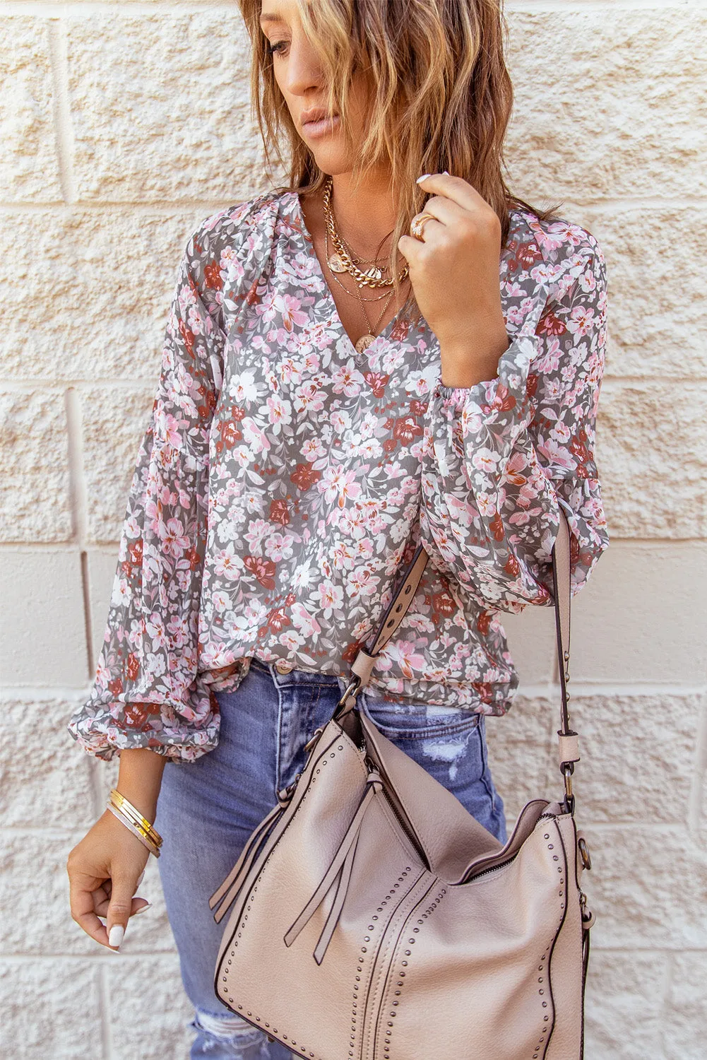 White Floral Print V Neck Long Puff Sleeve Top