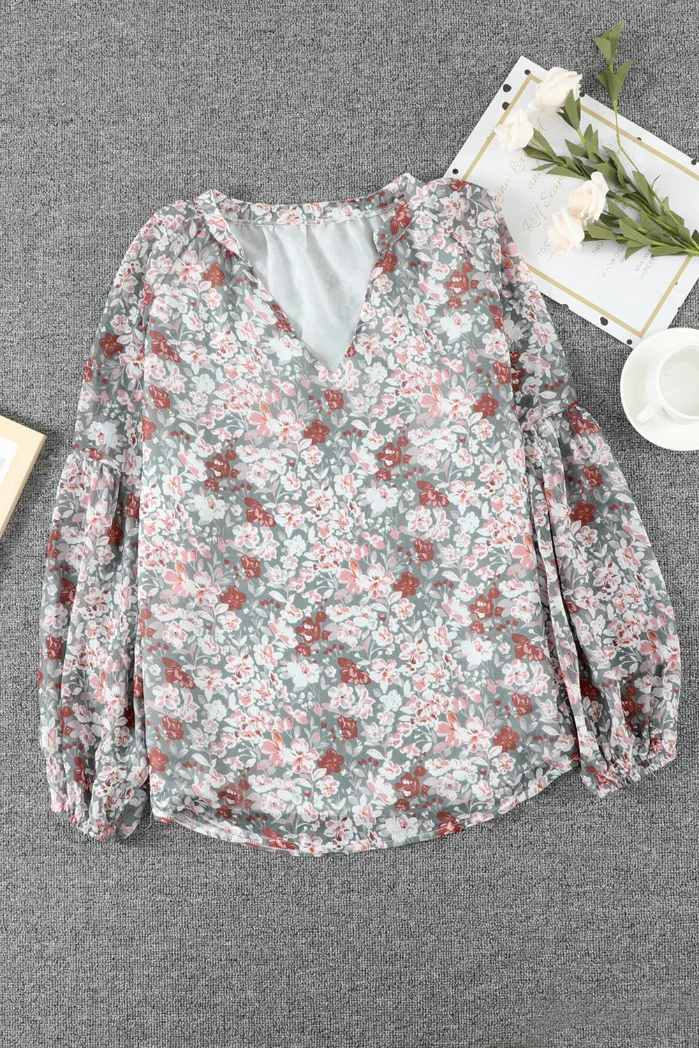 White Floral Print V Neck Long Puff Sleeve Top