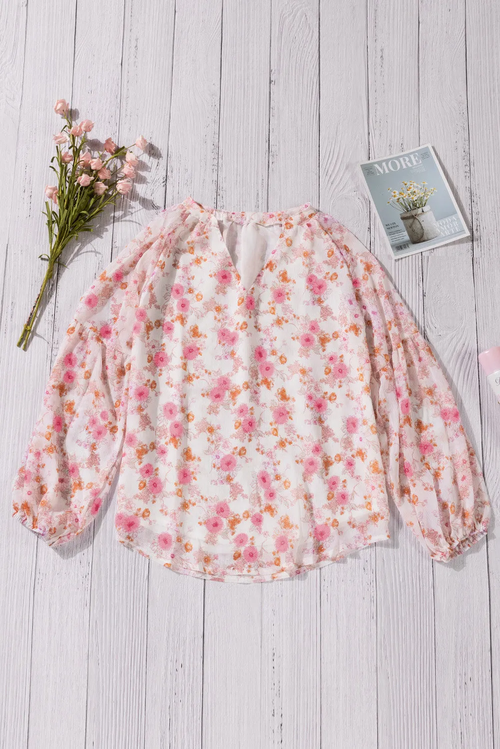 White Floral Print V Neck Long Puff Sleeve Top