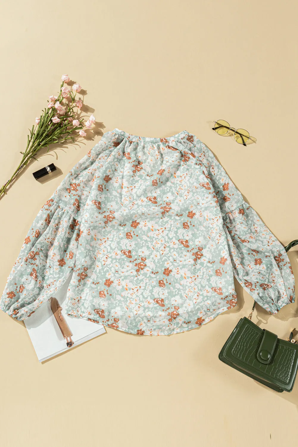 White Floral Print V Neck Long Puff Sleeve Top