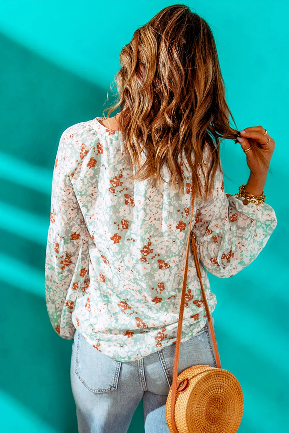 White Floral Print V Neck Long Puff Sleeve Top