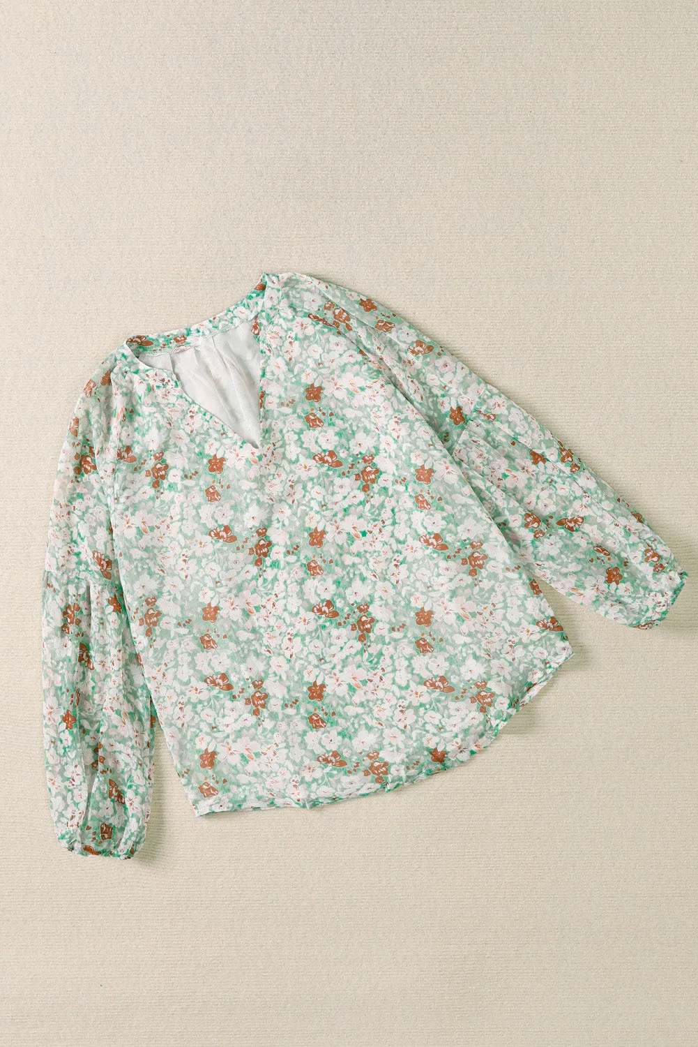 White Floral Print V Neck Long Puff Sleeve Top