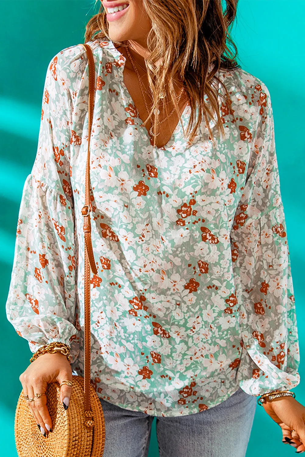 White Floral Print V Neck Long Puff Sleeve Top