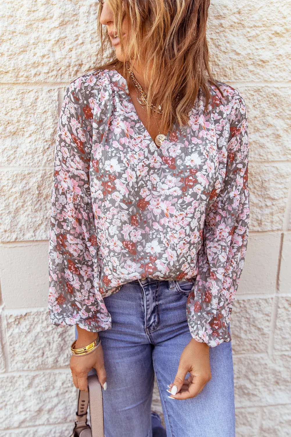 White Floral Print V Neck Long Puff Sleeve Top