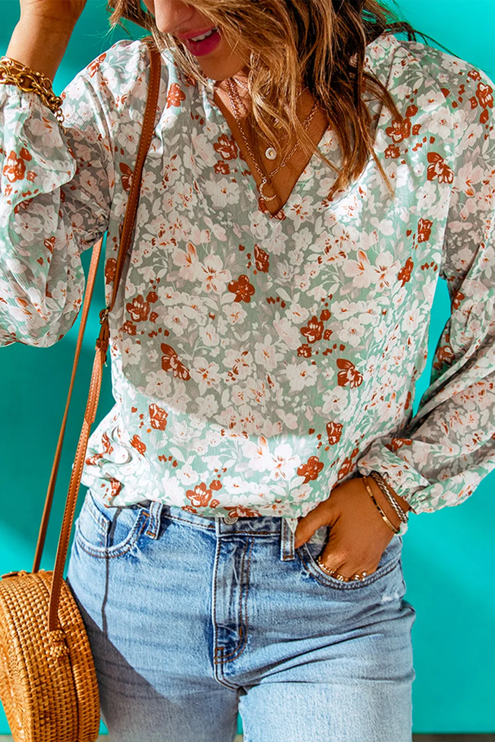 White Floral Print V Neck Long Puff Sleeve Top