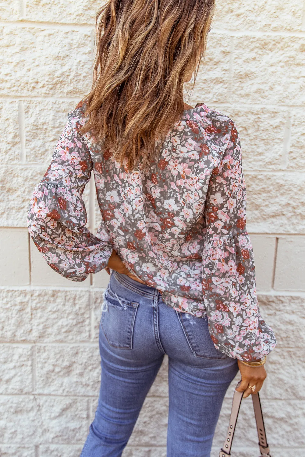 White Floral Print V Neck Long Puff Sleeve Top