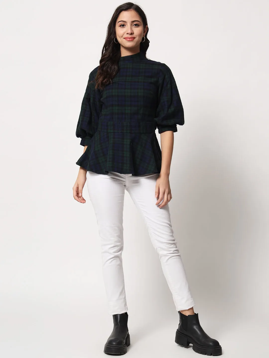 Women Blue Checked Peplum Top