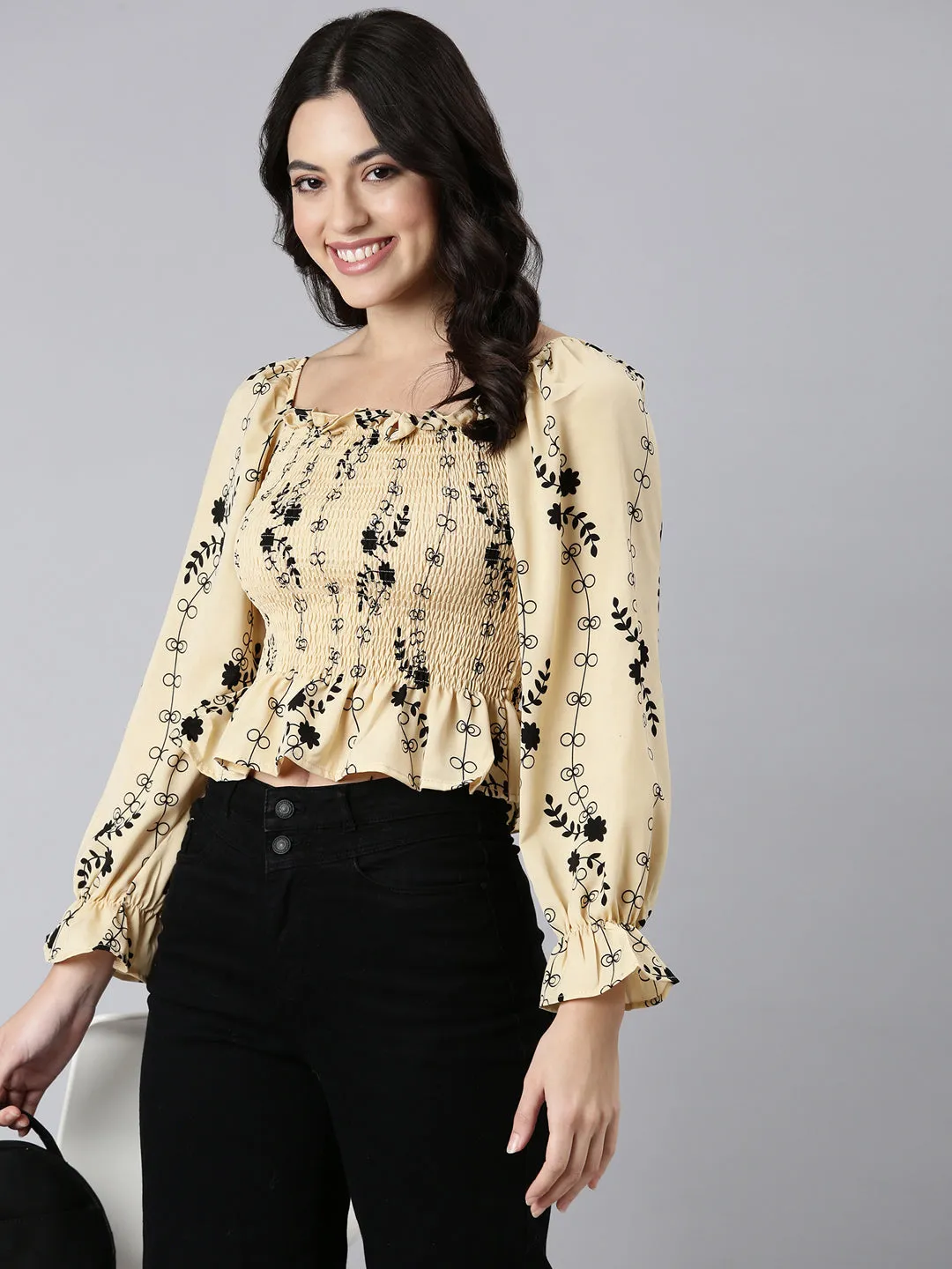 Women Floral Peplum Beige Crop Top