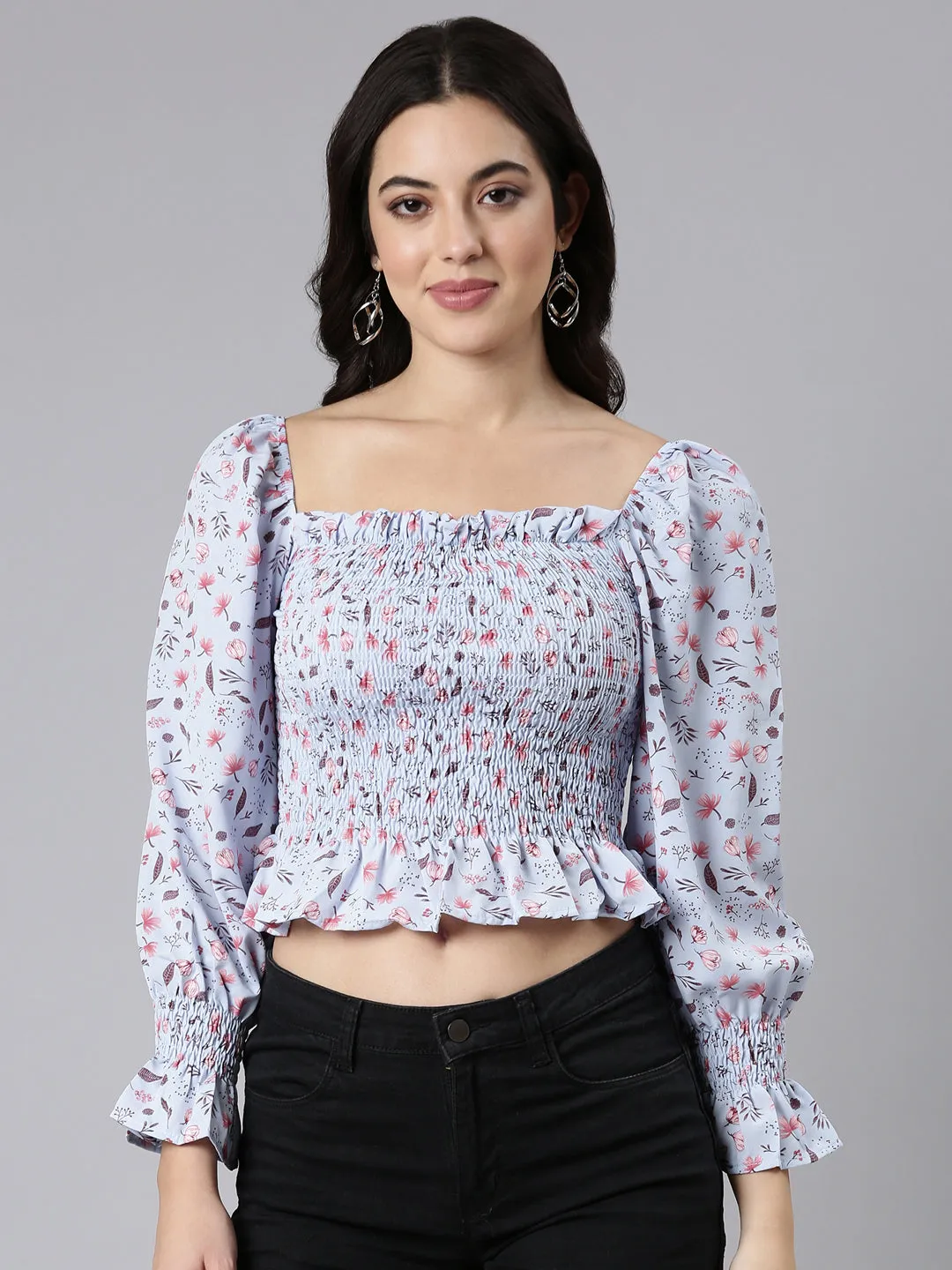 Women Floral Peplum Blue Crop Top