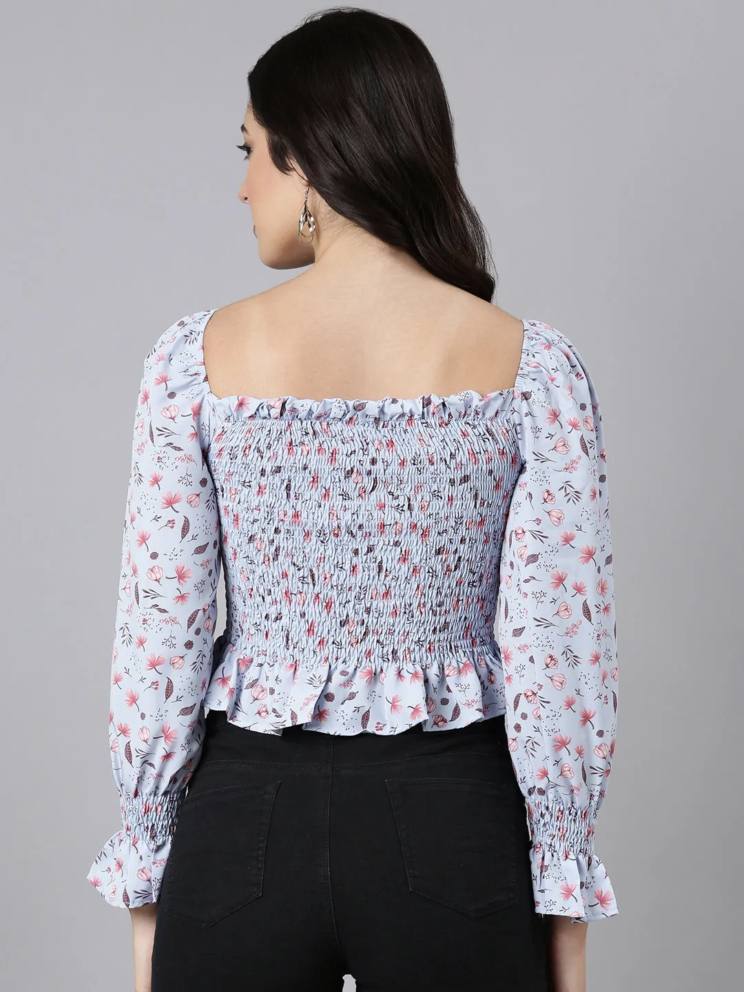 Women Floral Peplum Blue Crop Top