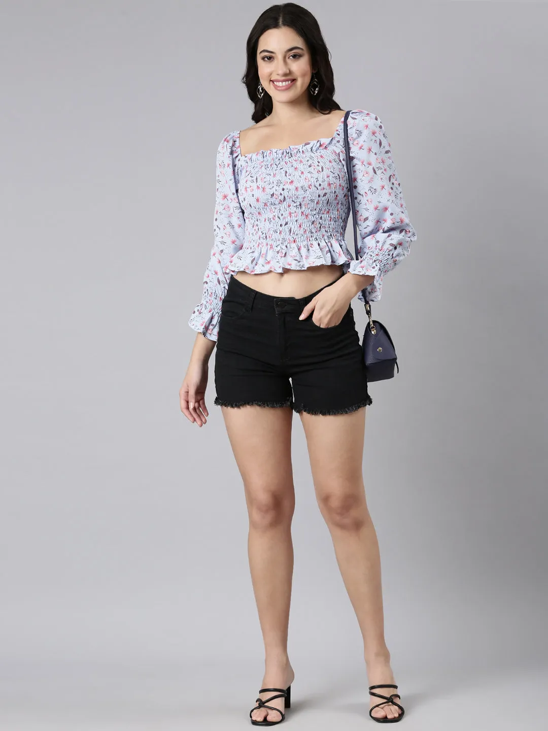 Women Floral Peplum Blue Crop Top