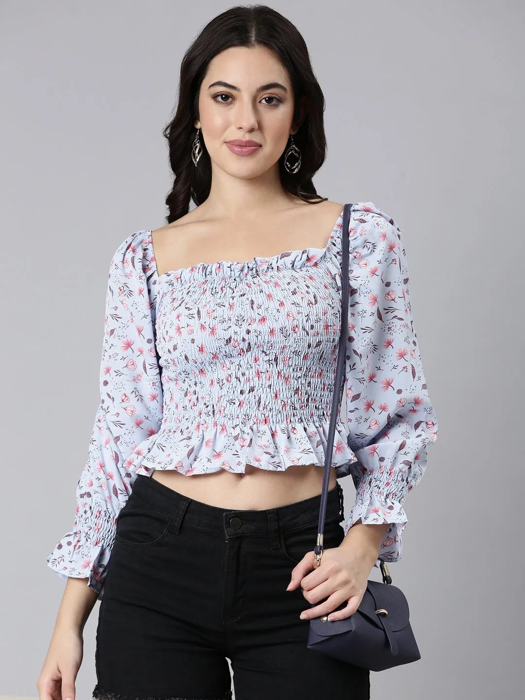 Women Floral Peplum Blue Crop Top