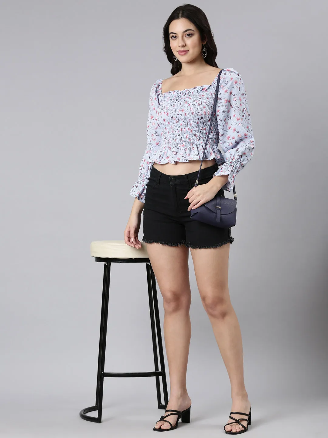 Women Floral Peplum Blue Crop Top