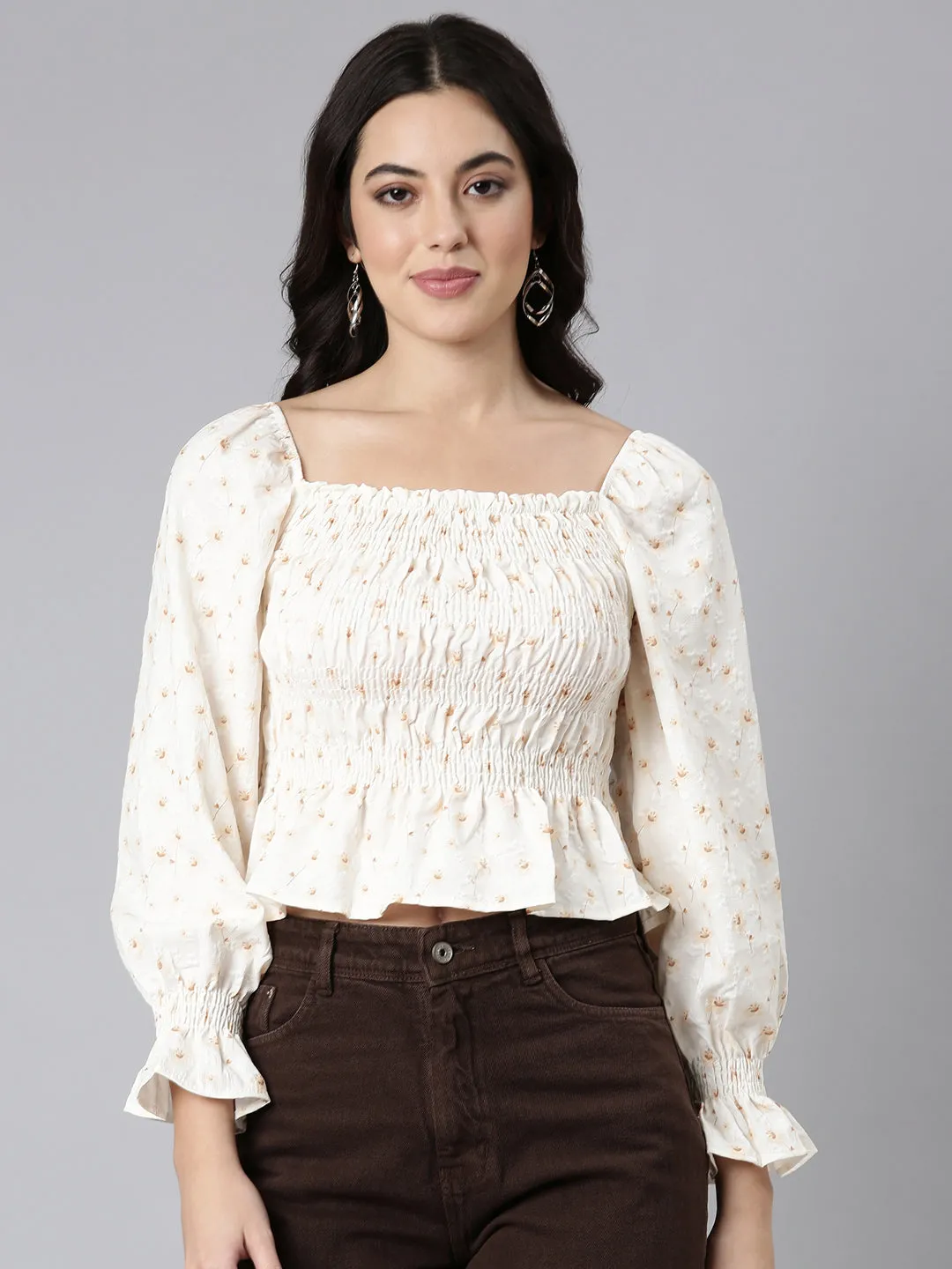 Women Floral Peplum Cream Crop Top