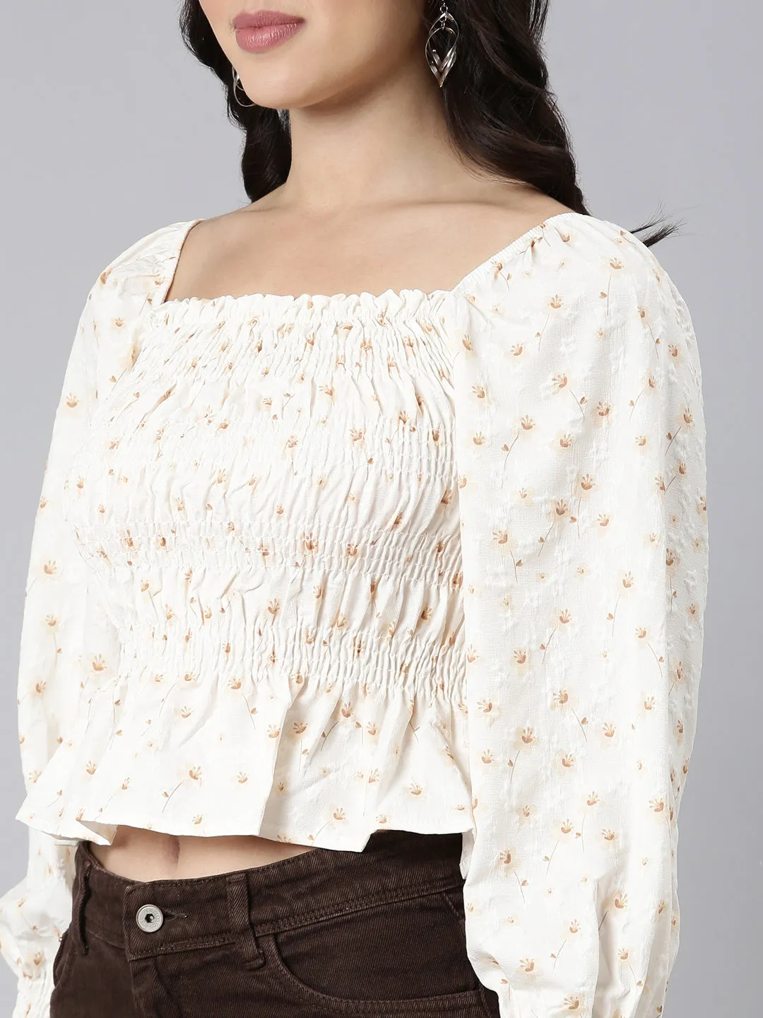 Women Floral Peplum Cream Crop Top