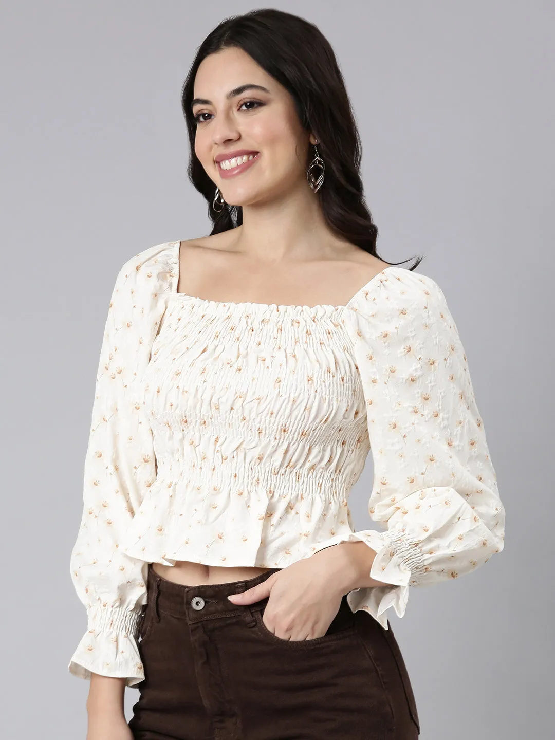 Women Floral Peplum Cream Crop Top