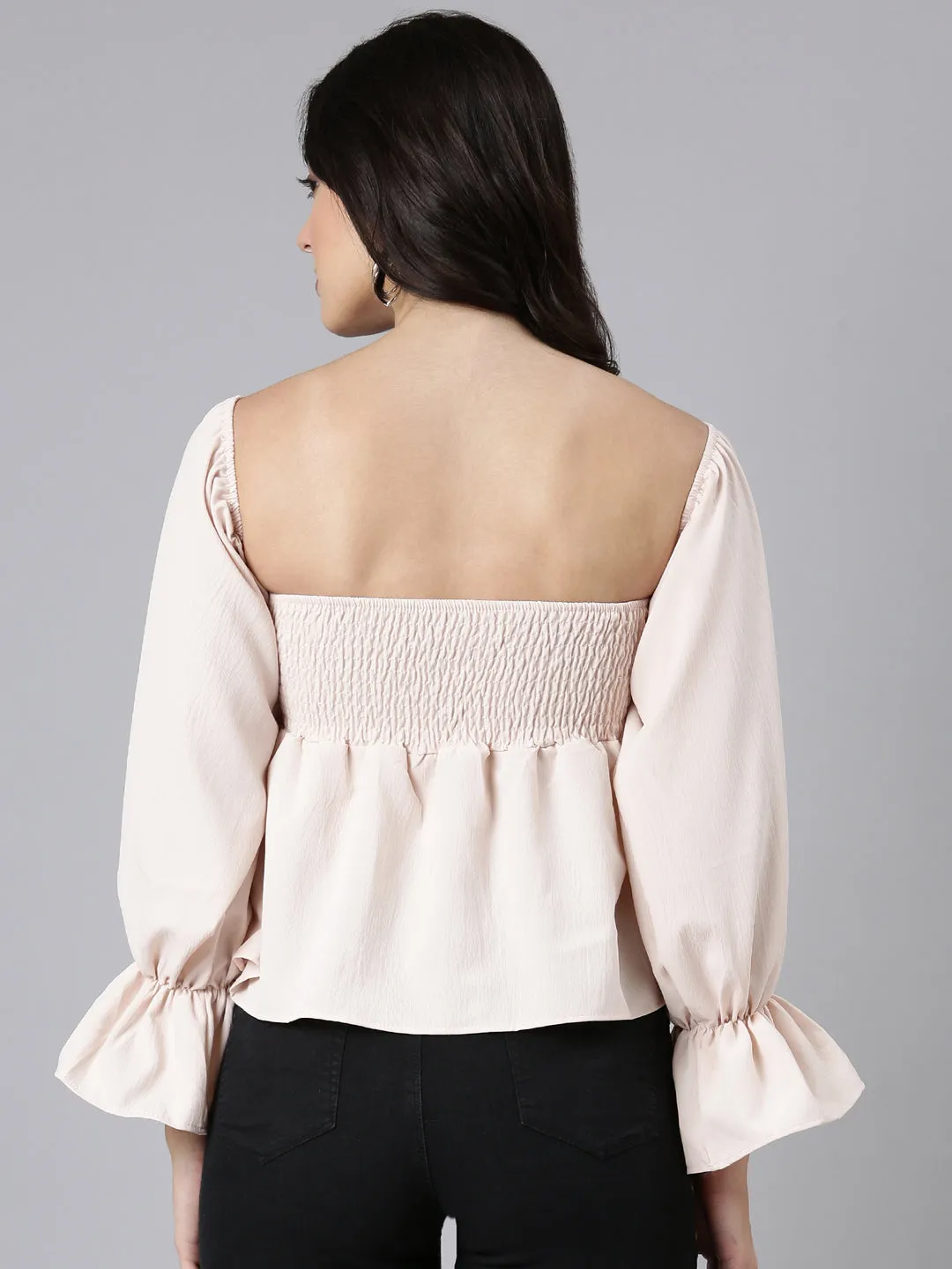 Women Solid Peplum Peach Crop Top