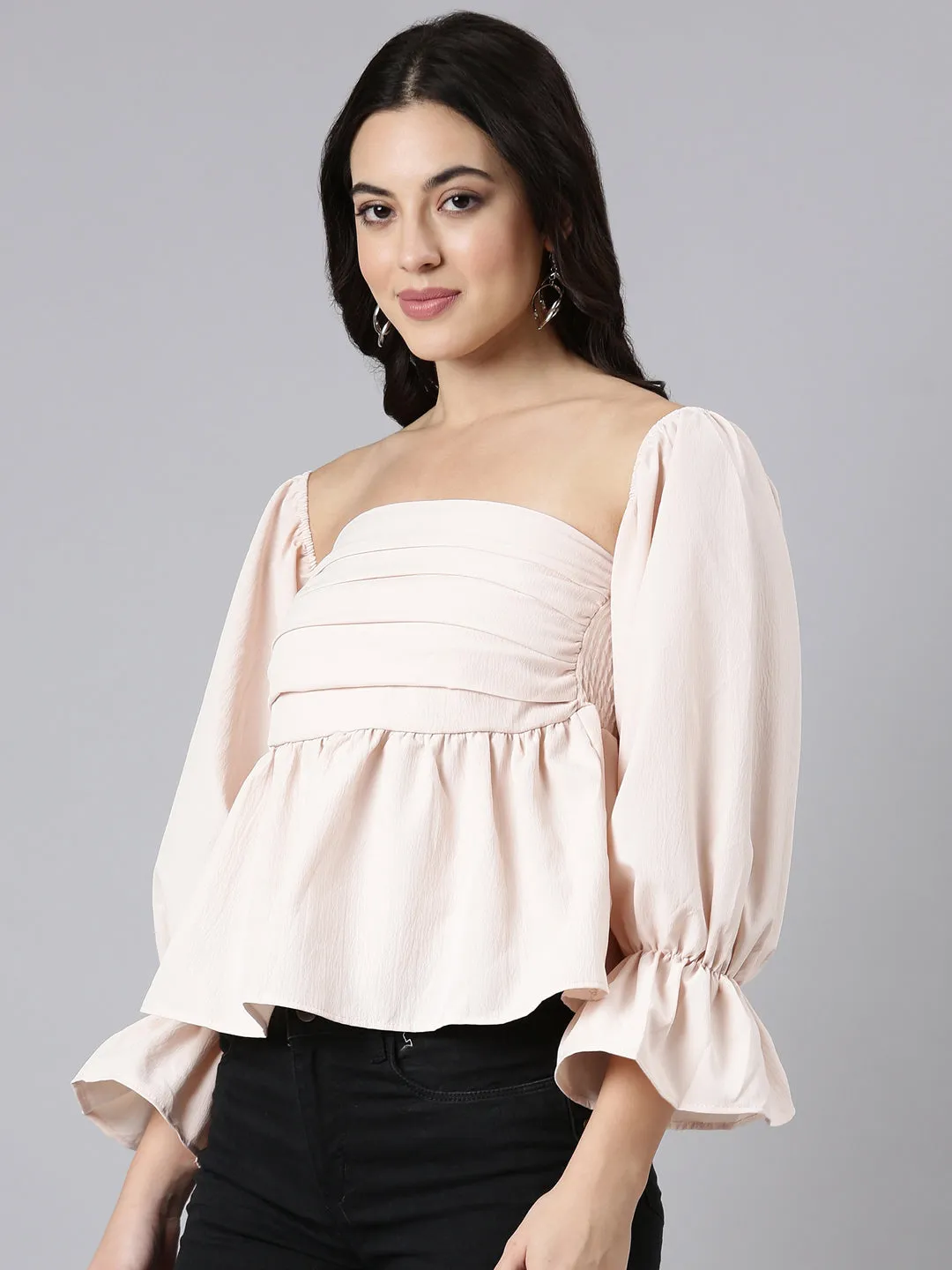 Women Solid Peplum Peach Crop Top