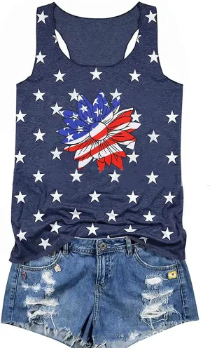 Women Sunflower American Flag Racerback Tank Tops Sunflower Graphic Shirt