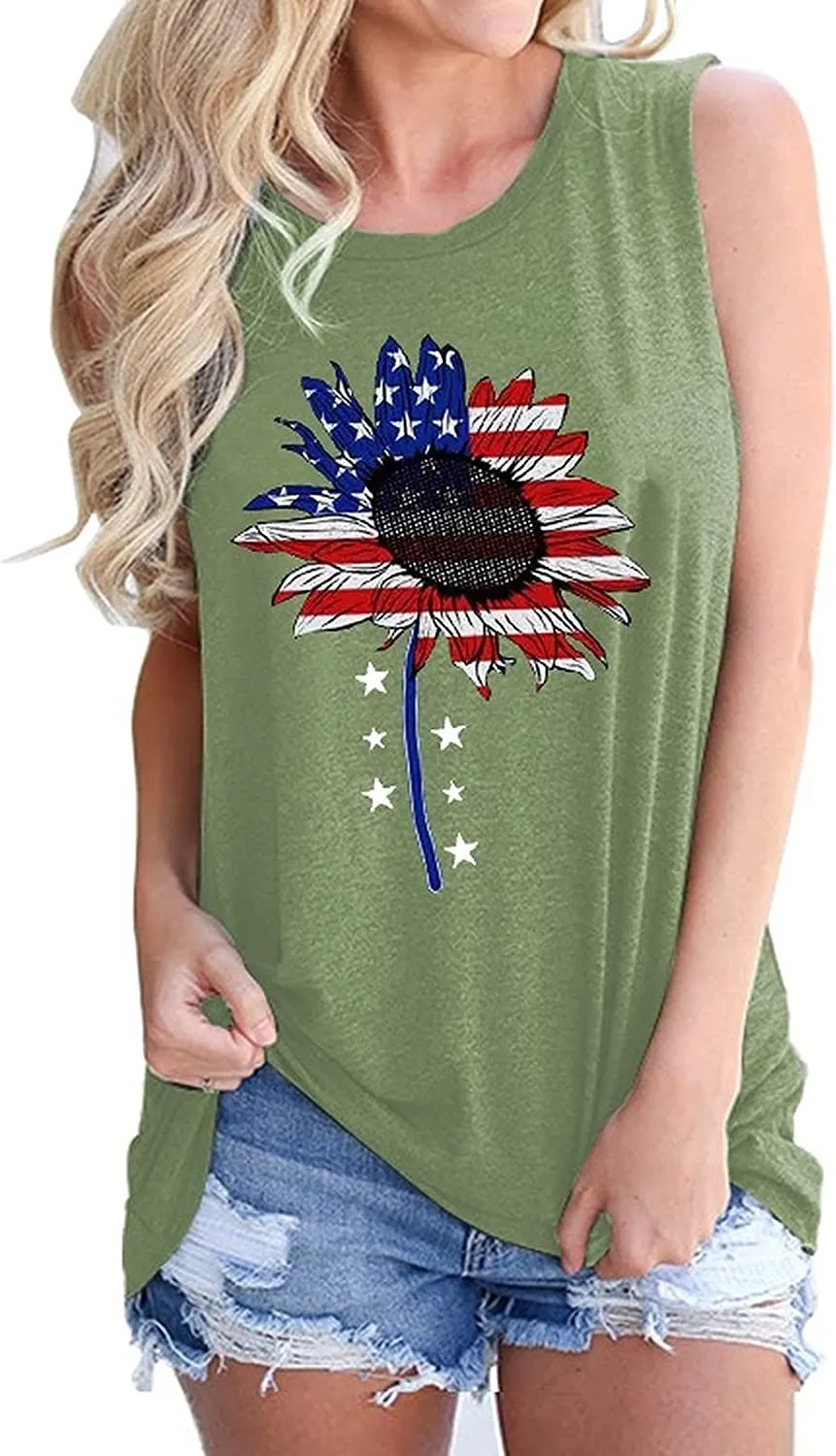 Women Sunflower American Flag Tank Tops Fashion Sunflower Shirt