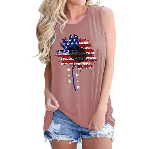 Women Sunflower American Flag Tank Tops Fashion Sunflower Shirt