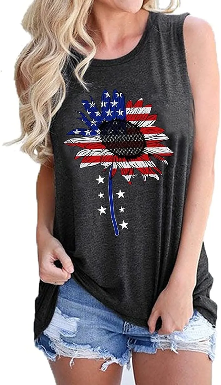 Women Sunflower American Flag Tank Tops Fashion Sunflower Shirt