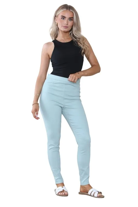 Women's Mocha, Pink, Light Mint, Navy High Waisted Skinny Fit Stretch Jeans Denim Jeggings with Elasticated Waist - Smart Casual Summer Fashion Trousers Leggings