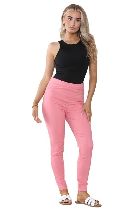 Women's Mocha, Pink, Light Mint, Navy High Waisted Skinny Fit Stretch Jeans Denim Jeggings with Elasticated Waist - Smart Casual Summer Fashion Trousers Leggings