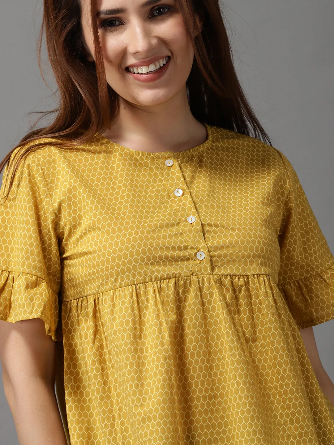 Women's Mustard Printed Peplum Top