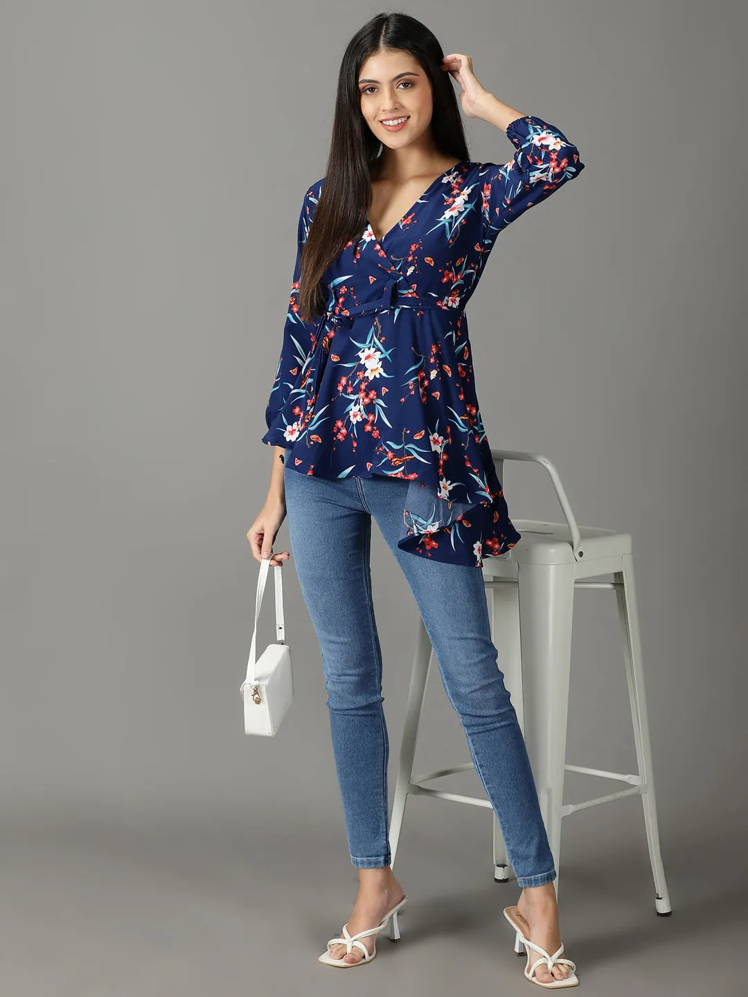 Women's Navy Blue Printed Peplum Top