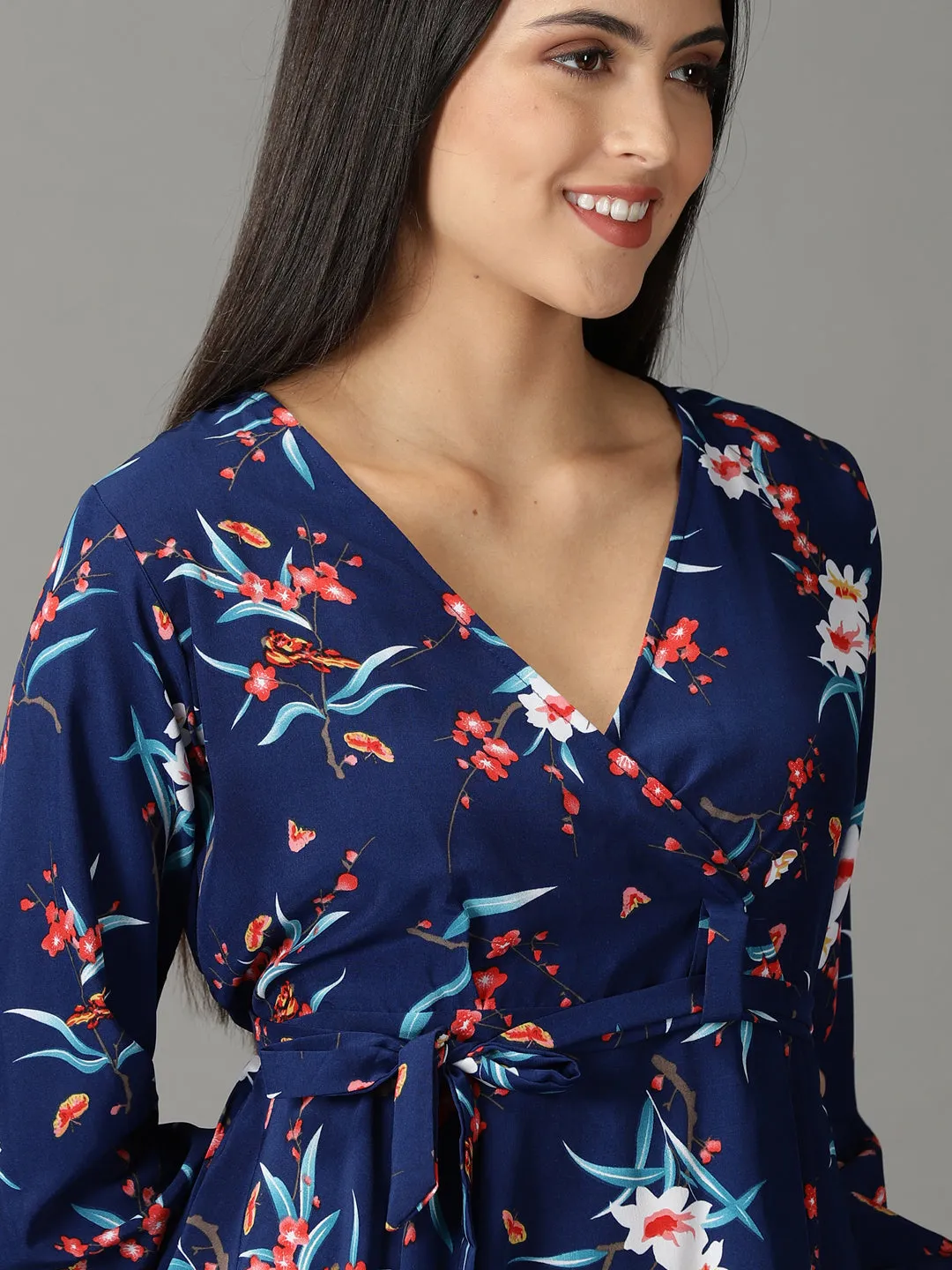 Women's Navy Blue Printed Peplum Top