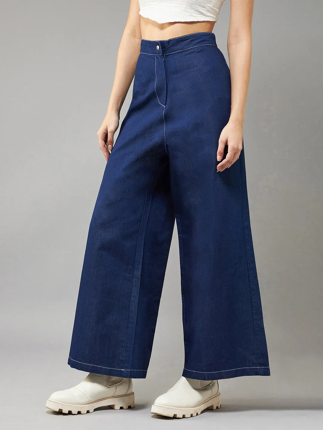 Women's Navy Blue Wide-Leg High Rise Light Weight Culottes Denim Pants