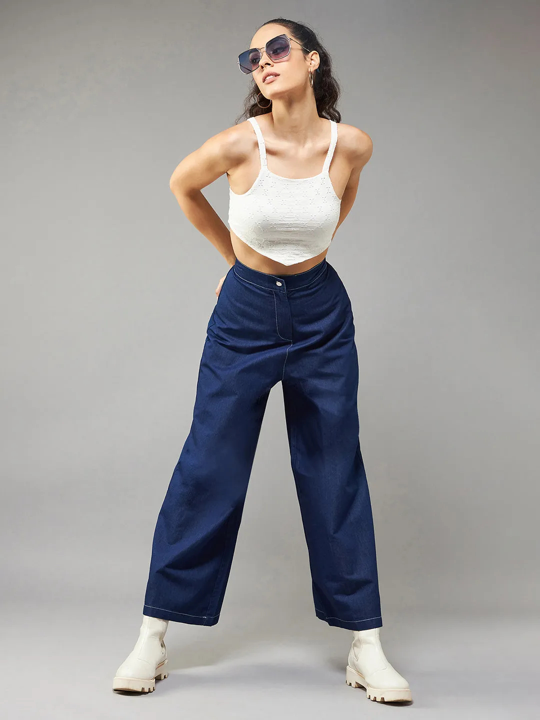 Women's Navy Blue Wide-Leg High Rise Light Weight Culottes Denim Pants