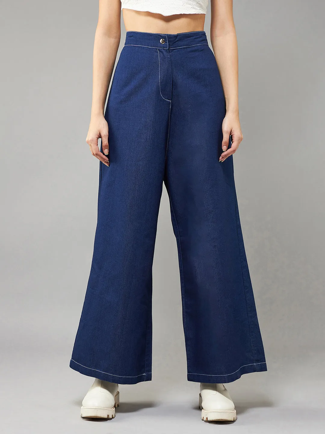 Women's Navy Blue Wide-Leg High Rise Light Weight Culottes Denim Pants